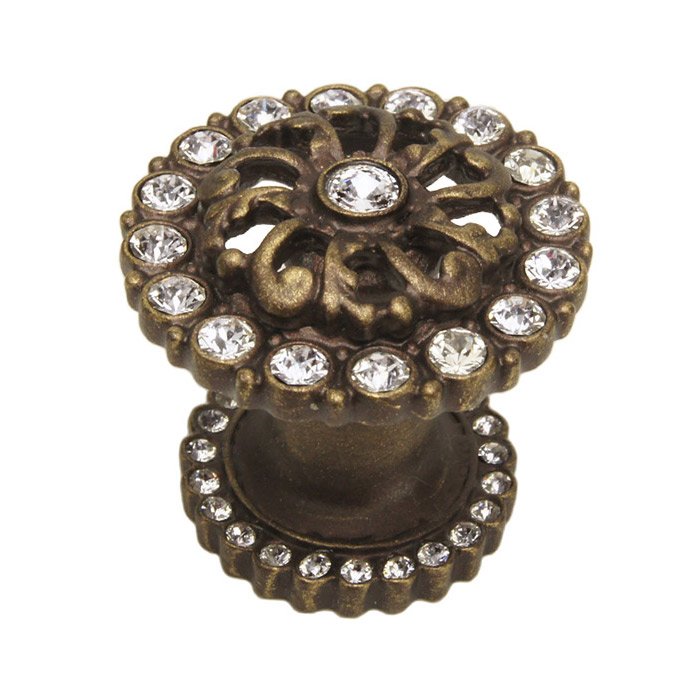 Medium Round Knob With Halo Platform With Swarovski Crystals In Antique Brass
