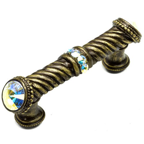 3" Centers Large Pull with End & Center Swarovski Elements in Antique Brass with Aurora Borealis