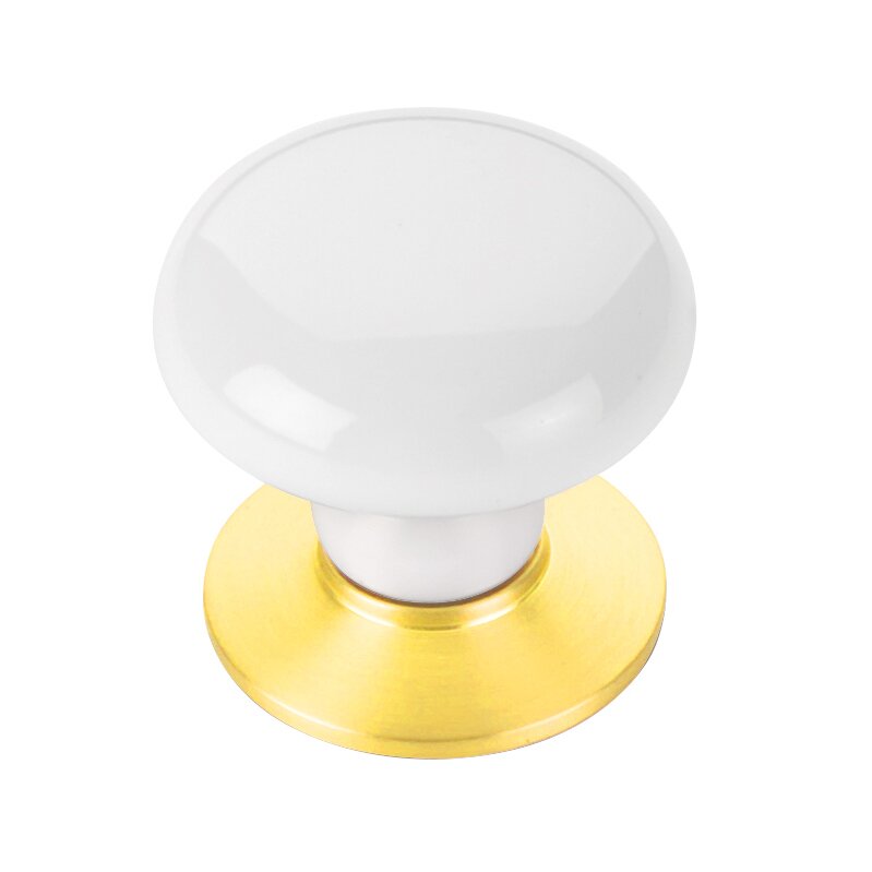 1 3/8" Diameter Ice White Porcelain Knob in Unlacquered Brass