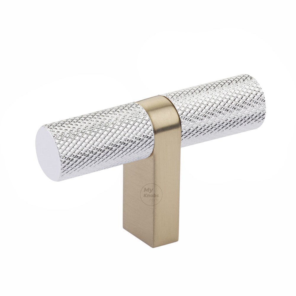 T-Knob 2-1/4" Overall Rectangular Bar Stem In Satin Brass And Knurled Bar In Polished Chrome