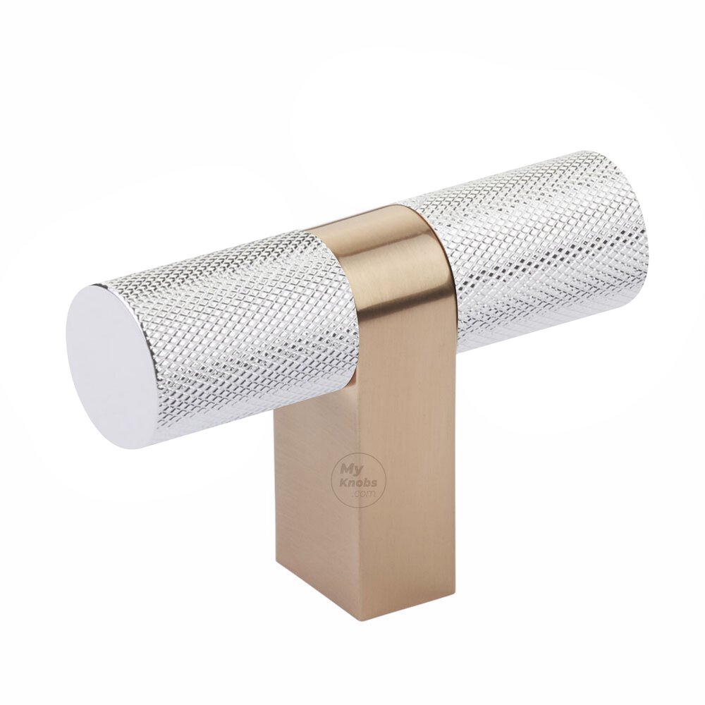 T-Knob 3-1/8" Overall Rectangular Bar Stem In Satin Copper And Knurled Bar In Polished Chrome