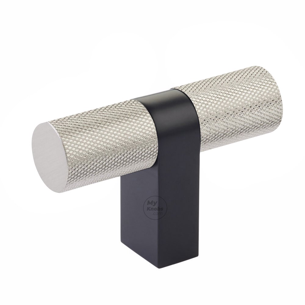 T-Knob 3-1/8" Overall Rectangular Bar Stem In Flat Black And Knurled Bar In Satin Nickel