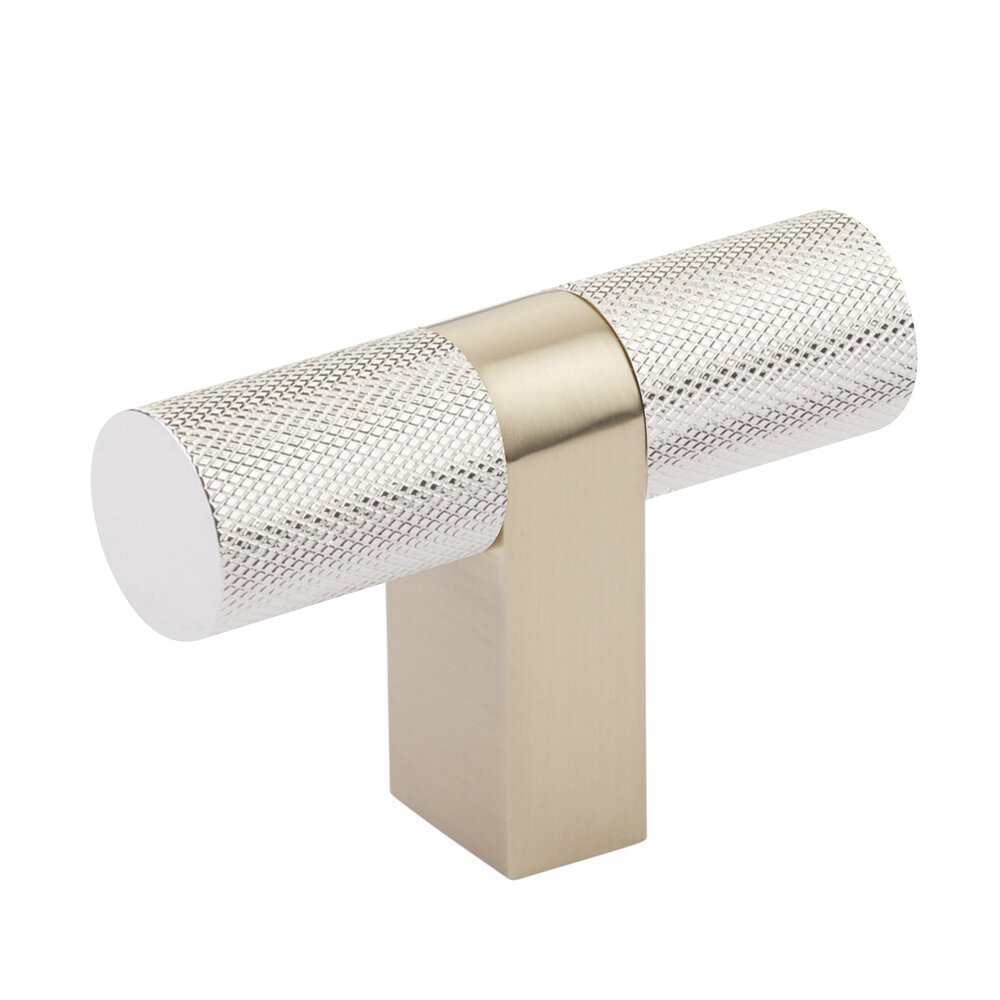 T-Knob 3-1/8" Overall Rectangular Bar Stem In Satin Brass And Knurled Bar In Polished Nickel