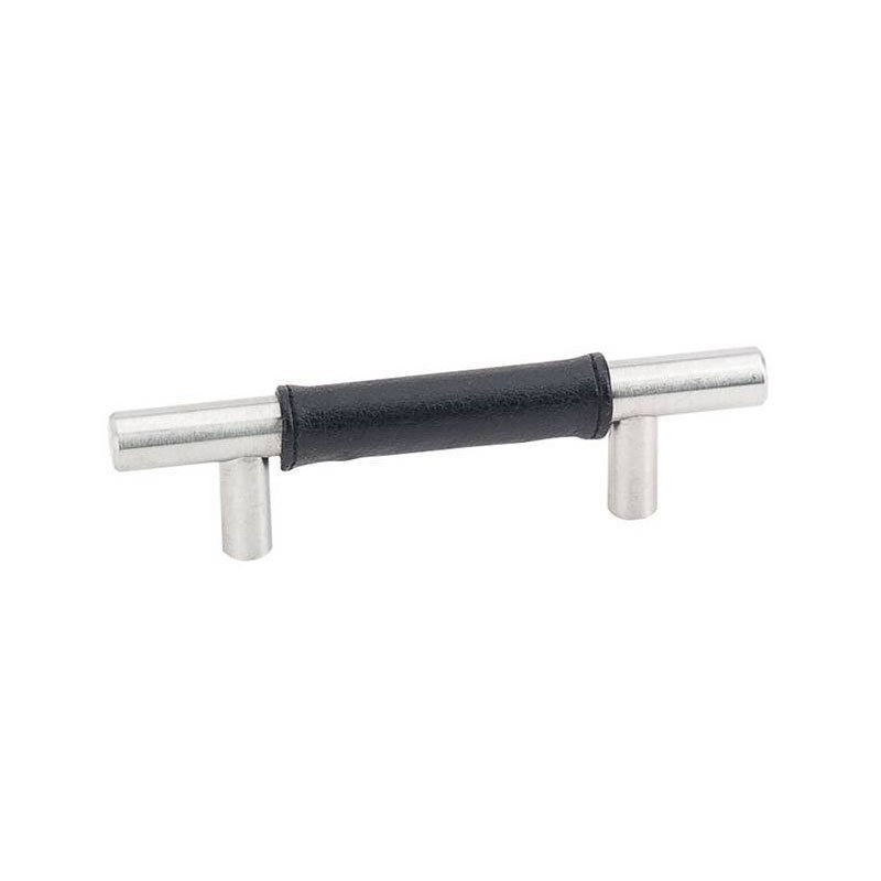 4" Centers Black Leather Bar Pull in Satin Stainless Steel