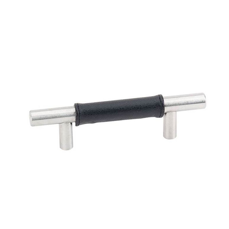 6" Centers Black Leather Bar Pull in Satin Stainless Steel