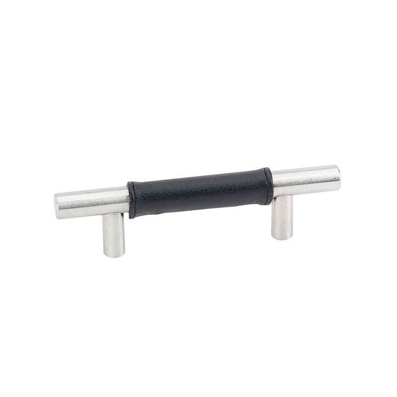 8" Centers Black Leather Bar Pull in Satin Stainless Steel
