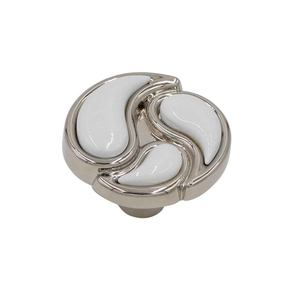 1-1/2" Round Knob in Polished Nickel with White inlay