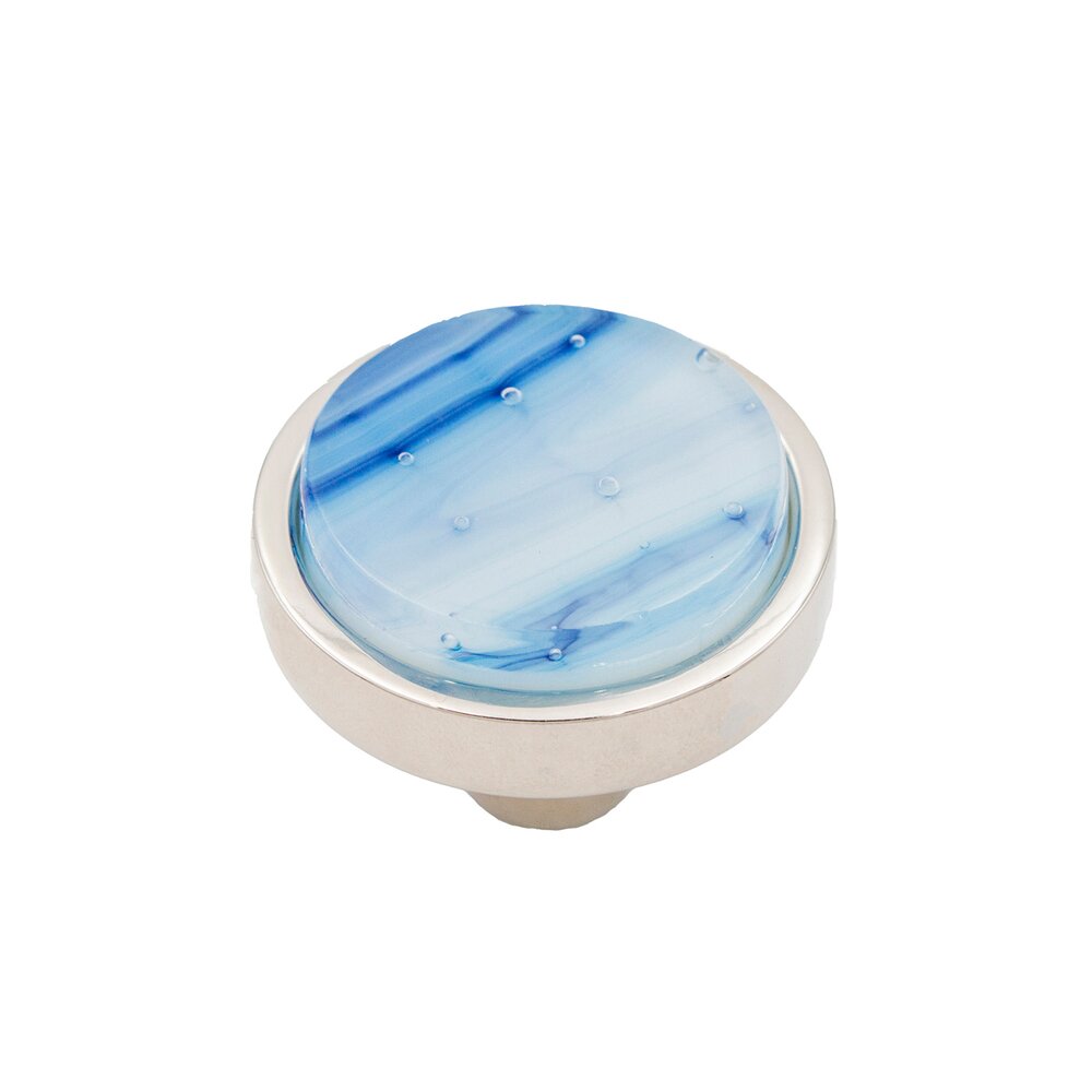 1 1/2" Diameter Knob with glass inlay in Polished Nickel/Liquid Blue