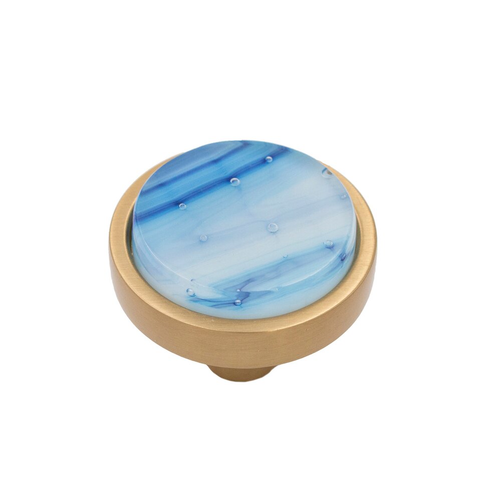 1 1/2" Diameter Knob with glass inlay in Satin Brass/Liquid Blue