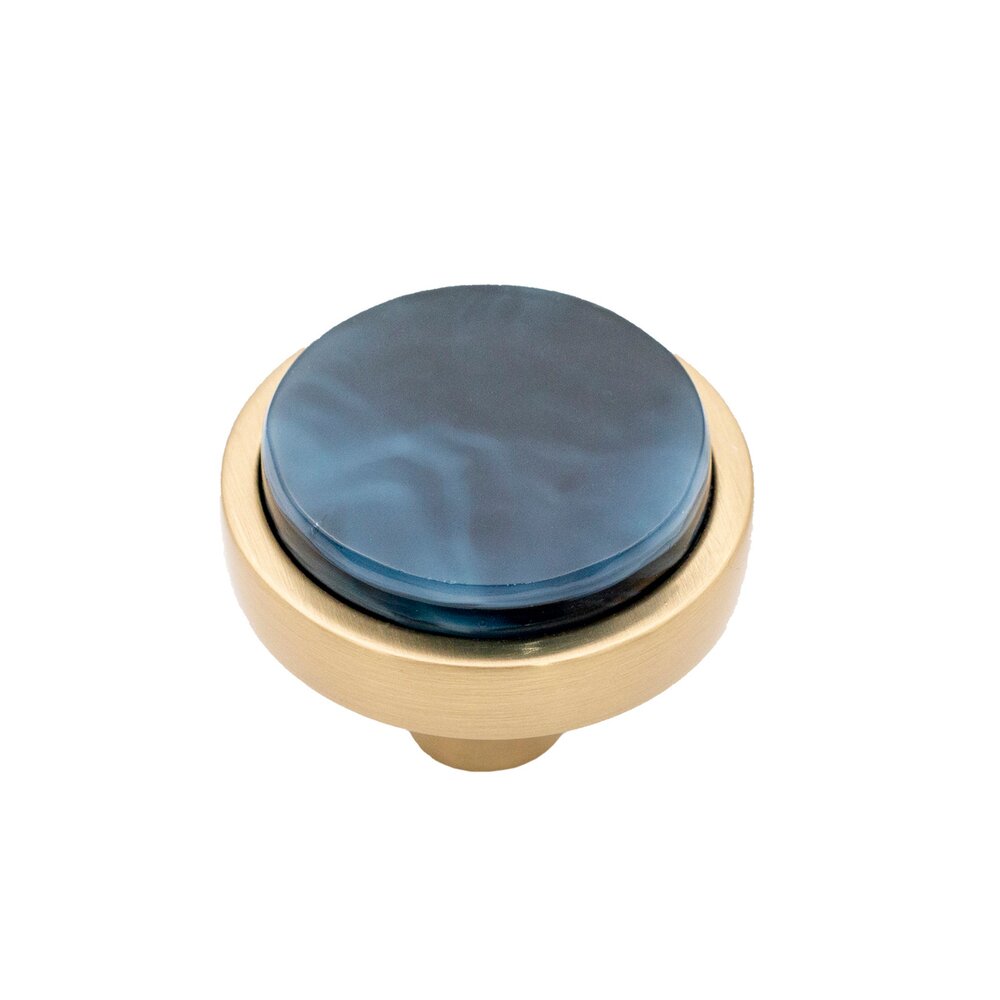 1 1/2" Diameter Knob with glass inlay in Satin Brass/Sapphire Marble