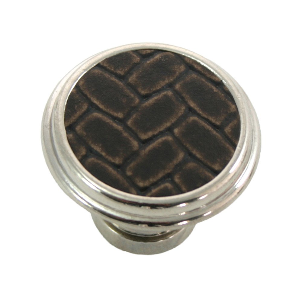 1 1/8" Round Knob in Polished Nickel with Brown Leather Insert