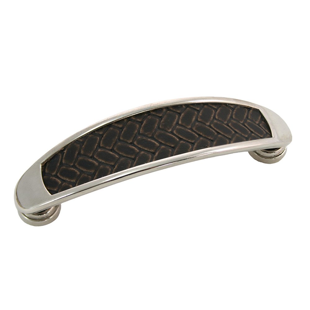 3 1/2" Centers Arch Pull in Polished Nickel with Brown Leather Insert
