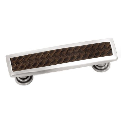 96mm Centers Rectangle Pull in Satin Nickel with Saddle Brown Leather Insert