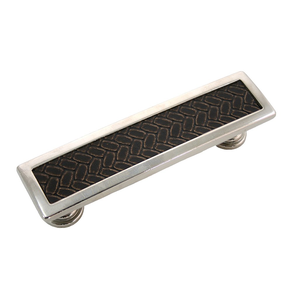 96mm Centers Rectangular Pull in Polished Nickel with Brown Leather Insert