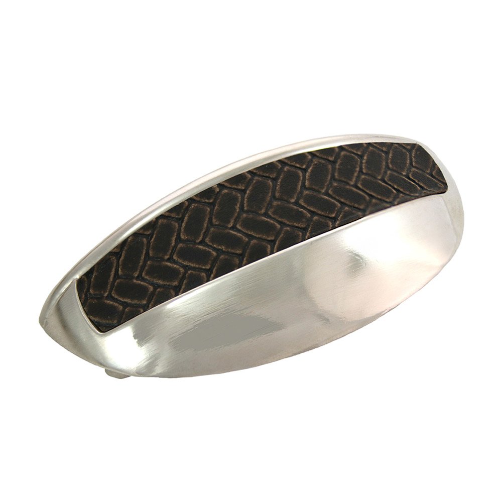 3" Centers Cup Pull in Polished Nickel with Brown Leather Insert