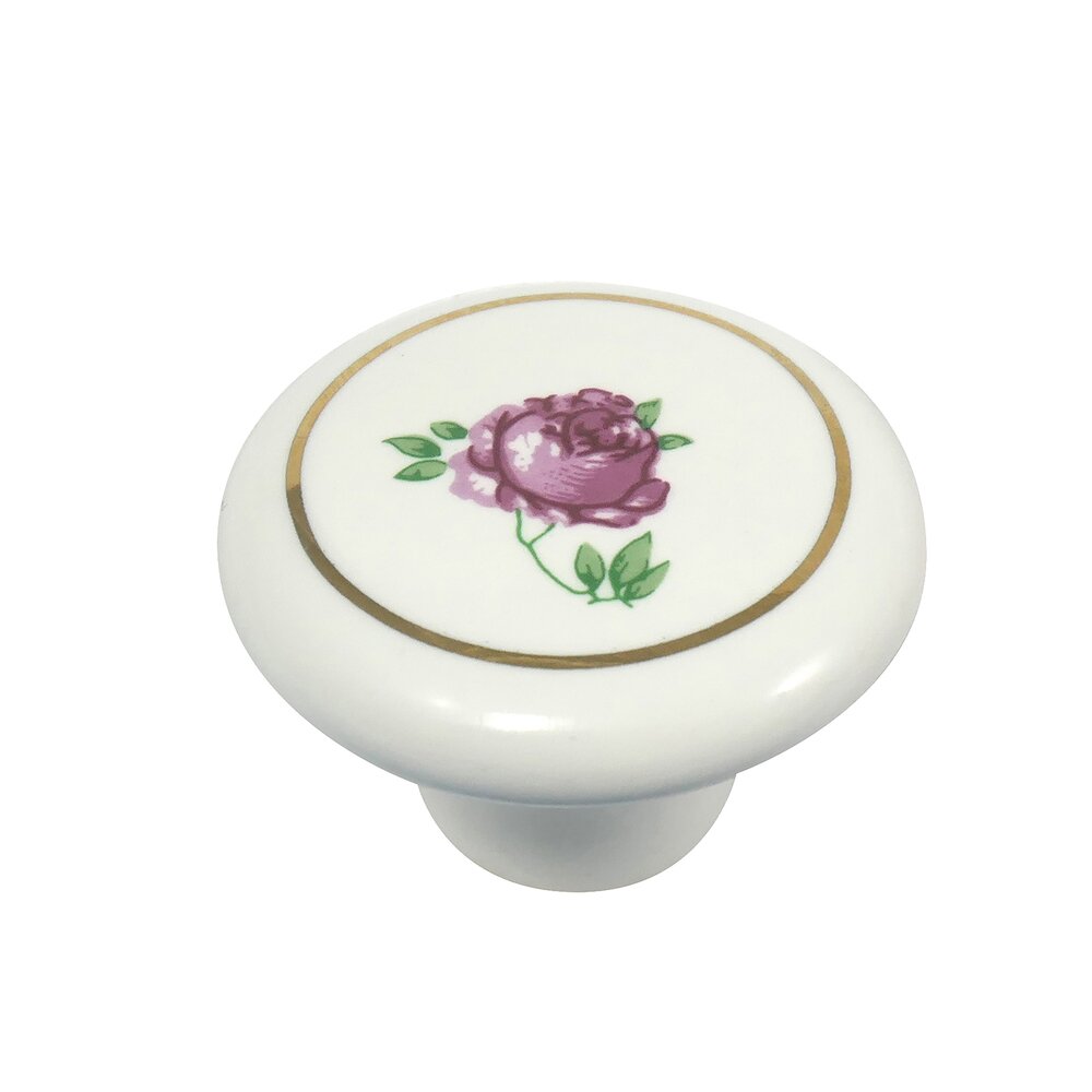 1 1/2" Porcelain Knob in White with Flowers