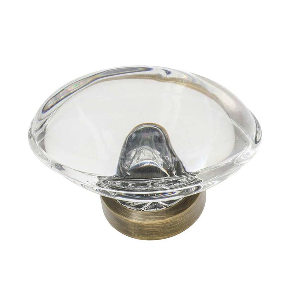 1 3/4" Oval Clear Crystal Cabinet Knob in Antique Brass