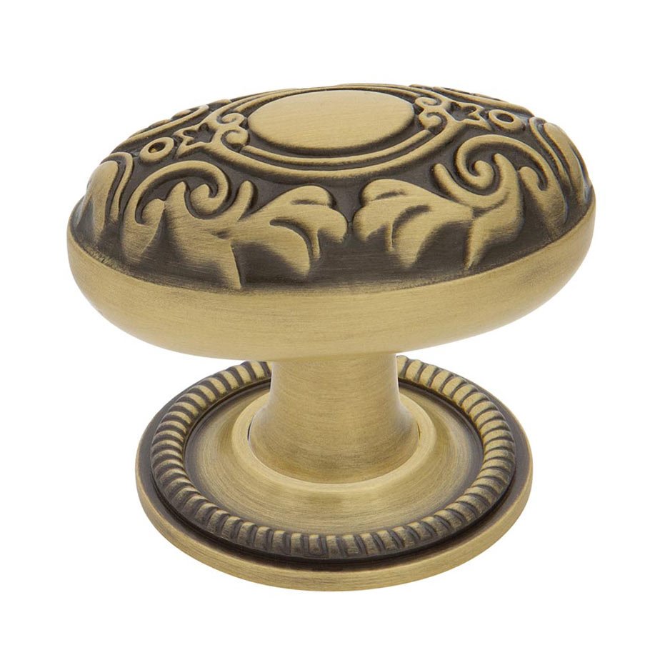 Victorian Brass 1 3/4" Cabinet Knob with Rope Rose in Antique Brass
