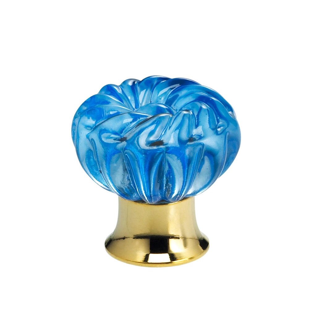 30mm Clear Azure Colored Glass Flower Knob with Polished Brass Base