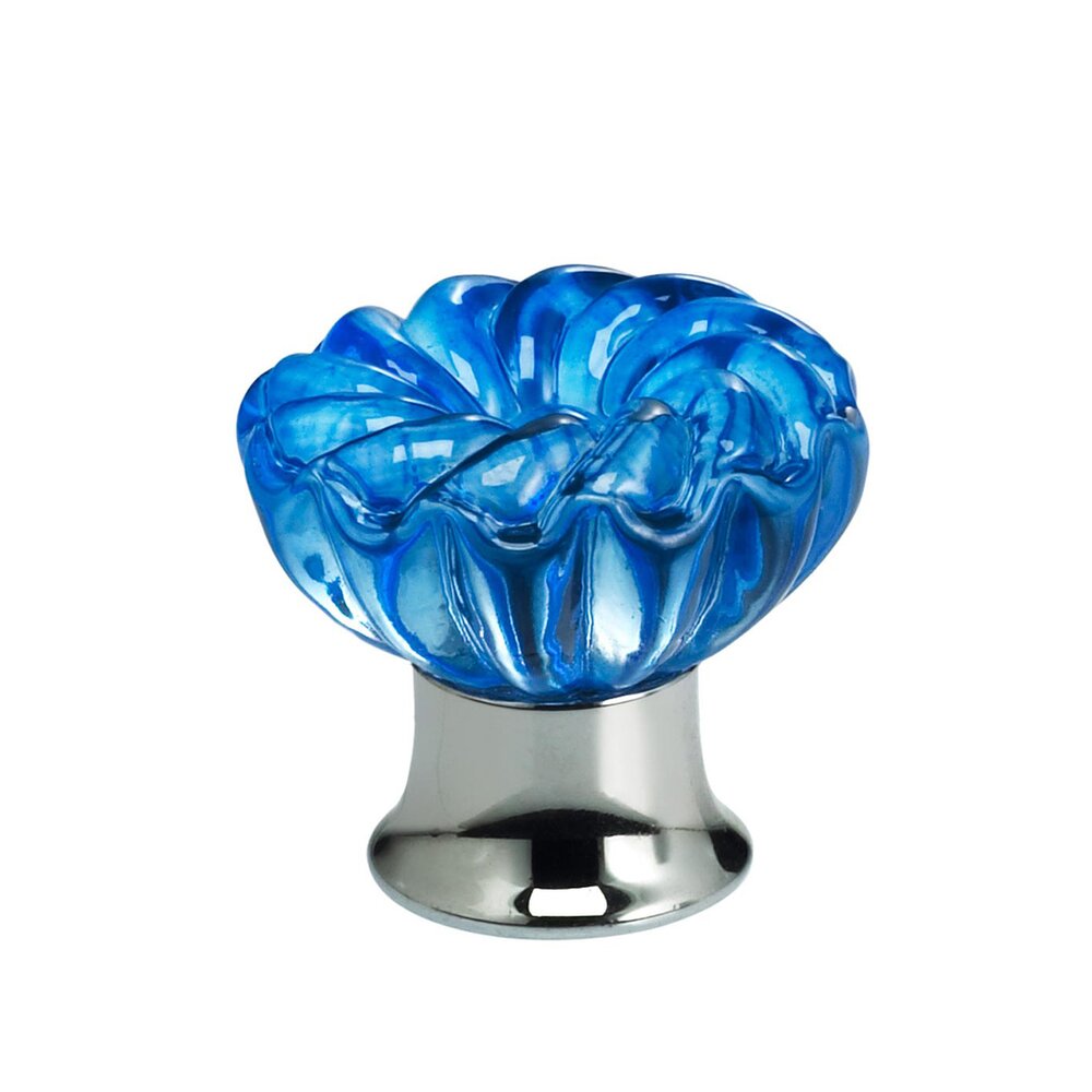 30mm Clear Azure Colored Glass Flower Knob with Polished Chrome Base