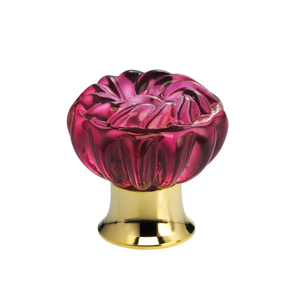 30mm Clear Rose Colored Glass Flower Knob with Polished Brass Base