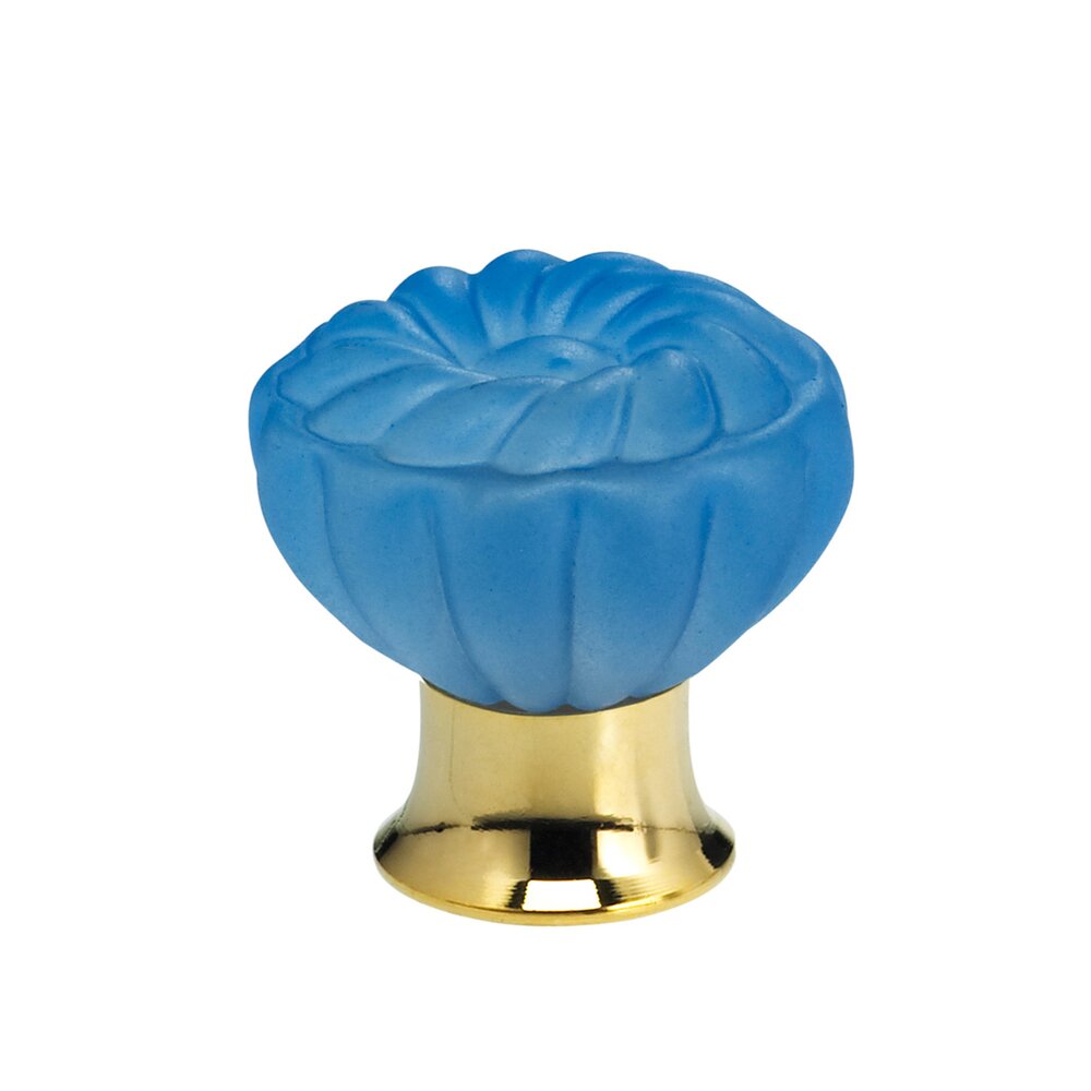 30mm Frosted Azure Colored Glass Flower Knob with Polished Brass Base