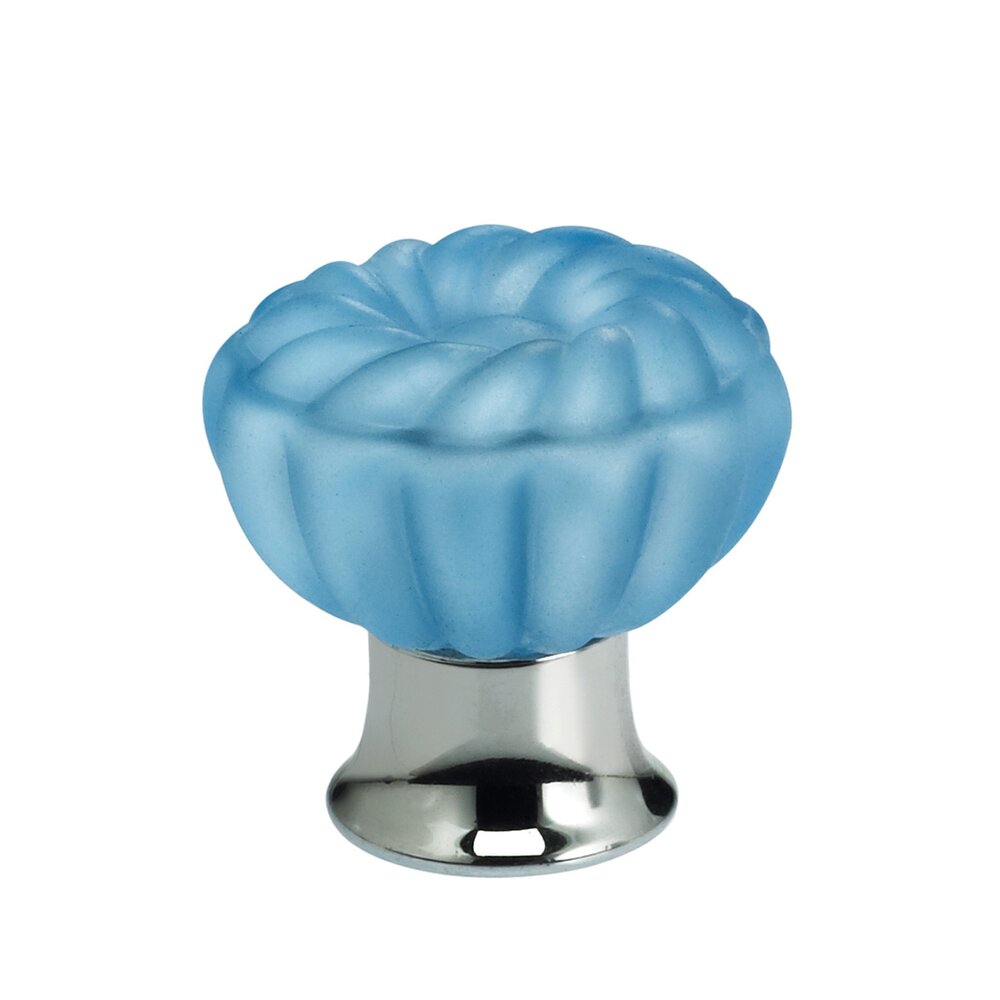 30mm Frosted Azure Colored Glass Flower Knob with Polished Chrome Base