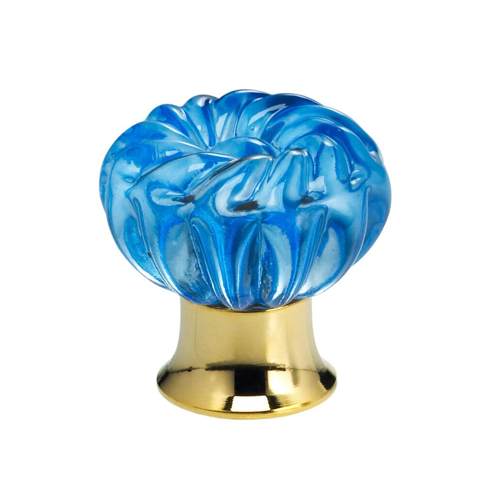 40mm Clear Azure Colored Glass Flower Knob with Polished Brass Base