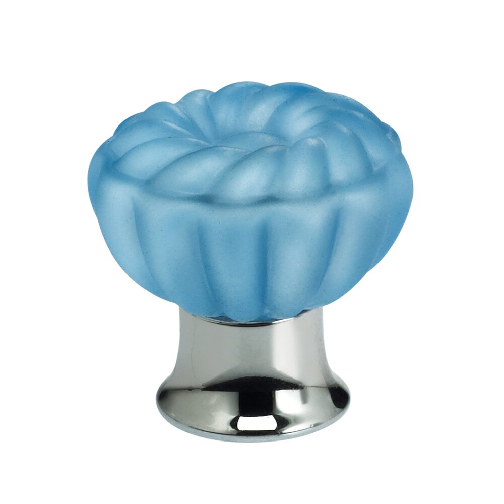 40mm Frosted Azure Colored Glass Flower Knob with Polished Chrome Base