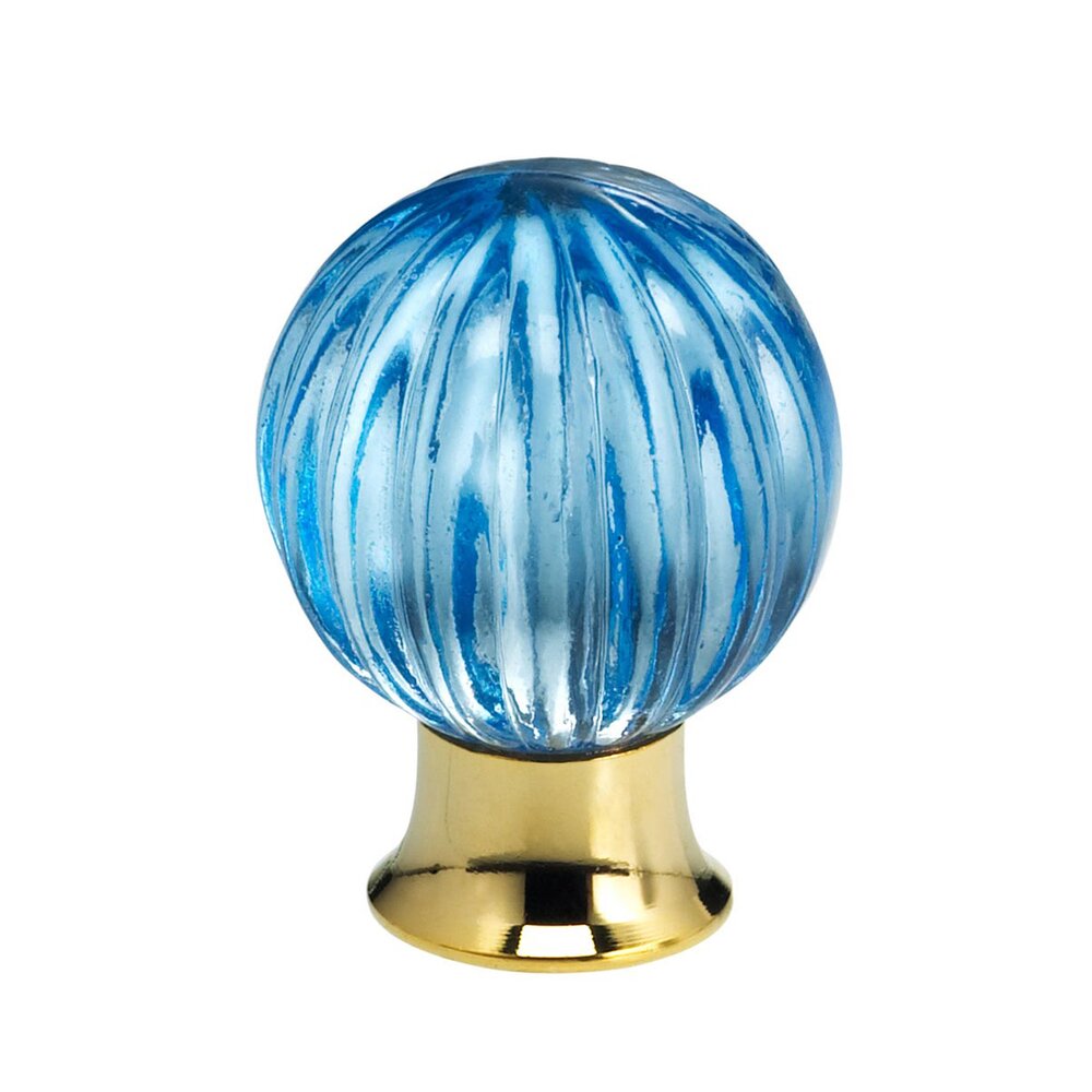 30mm Clear Azure Colored Glass Globe Knob with Polished Brass Base