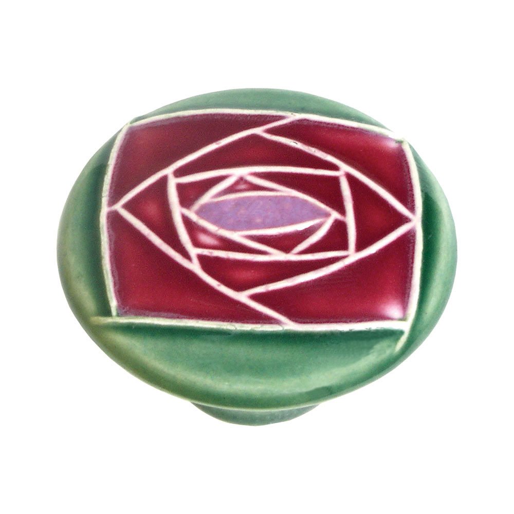 2" Large Round Green With Sq Mauve Rose Knob in Porcelain