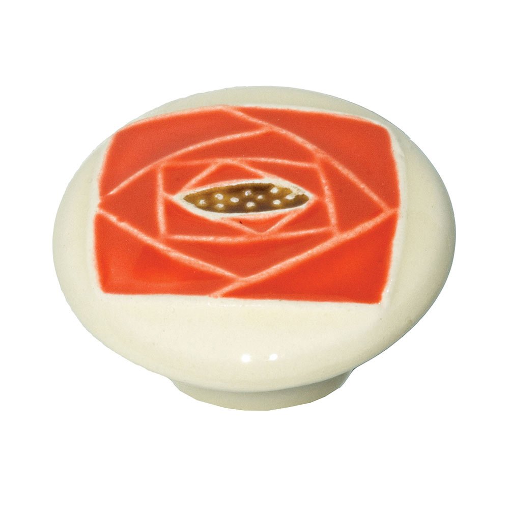 2" Large Round Off White With Sq Orange Rose Knob in Porcelain