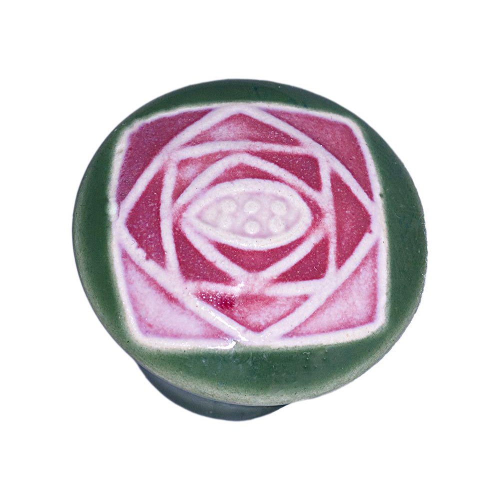 1 5/8" Small Round Green With Sq Mauve Rose Knob in Porcelain