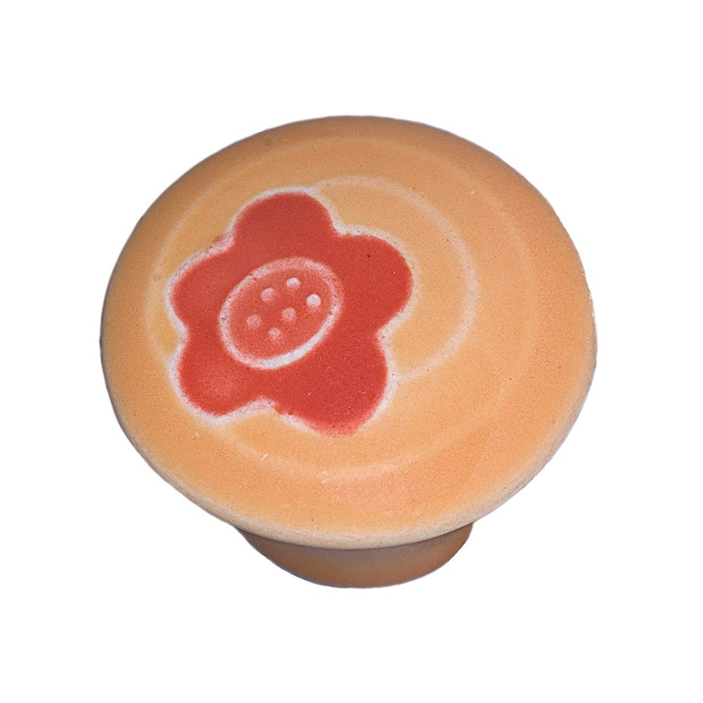 1 5/8" Small Round Gold With Orange Flower Knob in Porcelain