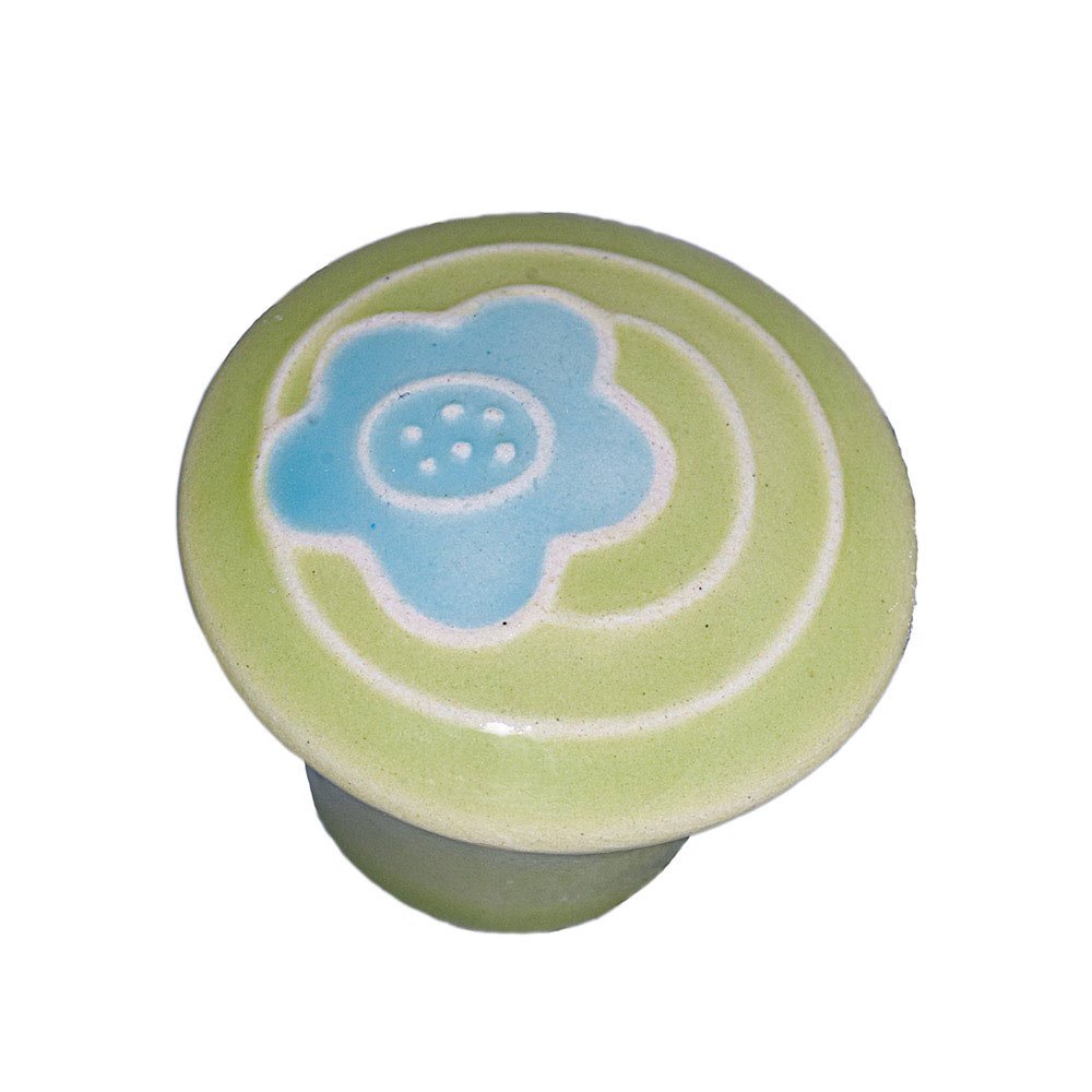 1 5/8" Small Round Light Green With Blue Flower Knob in Porcelain
