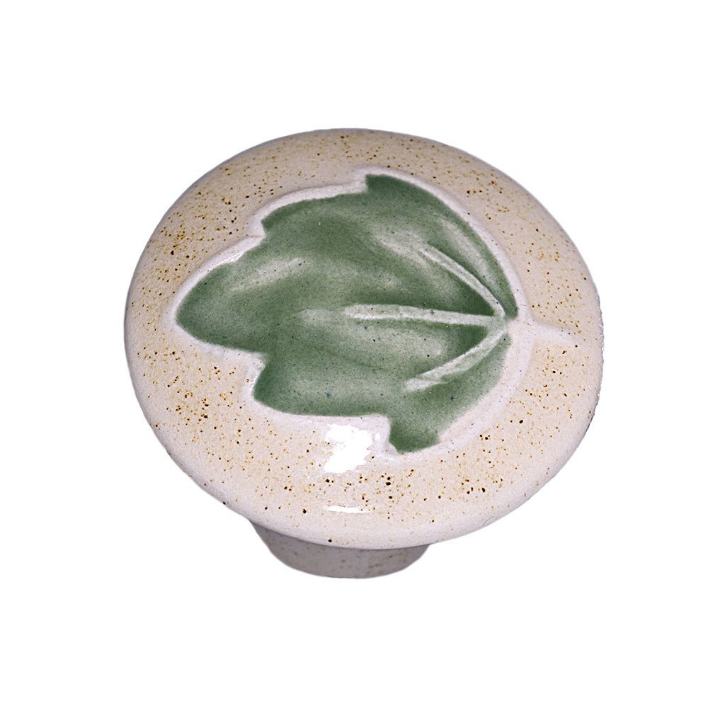1 5/8" Small Round Tan With Green Leaf Knob in Porcelain
