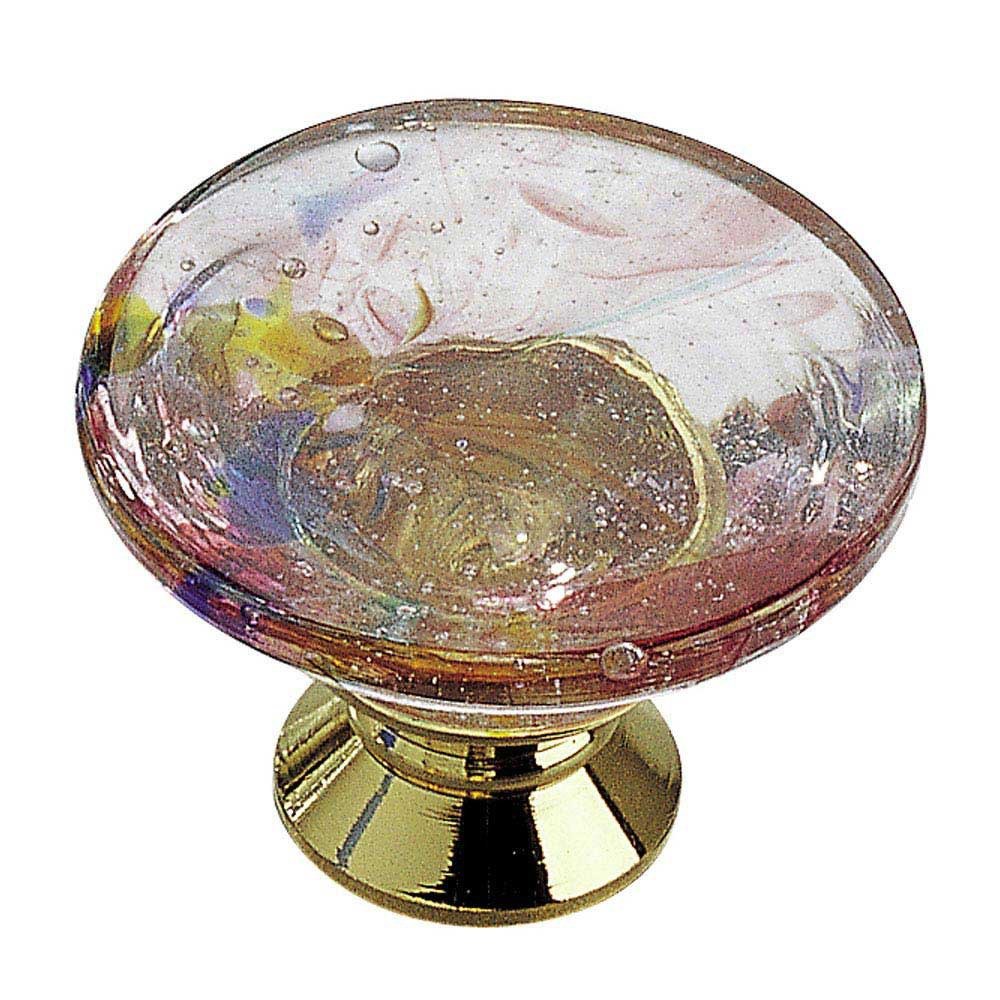 1 3/16" Diameter Element Knob in Brass and Harlequin Pink Murano Glass