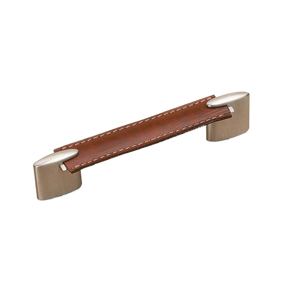 5" Centers Leather Pull in Brushed Nickel and Brown Leather