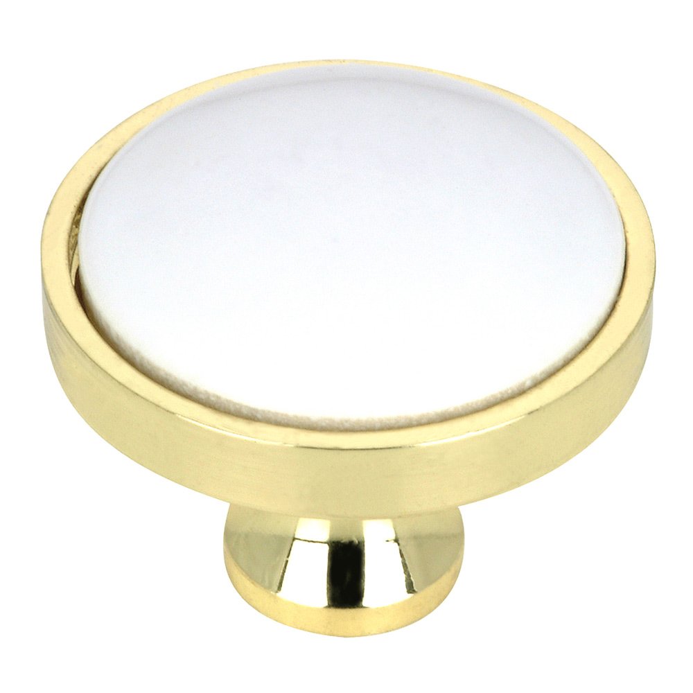 Solid Brass 1 1/4" Diameter Knob with Ceramic Insert in Brass and White