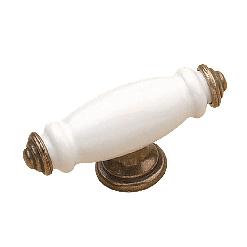 Ceramic 3" Long T Knob in Burnished Brass and White