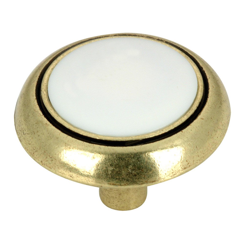 Ceramic 1 1/4" Diameter Inset Knob in Burnished Brass and White