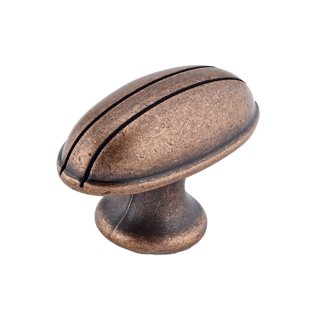1 15/16" Long Oblong Knob with Twin Stripes with Lenthwise Stripes in Antique Copper