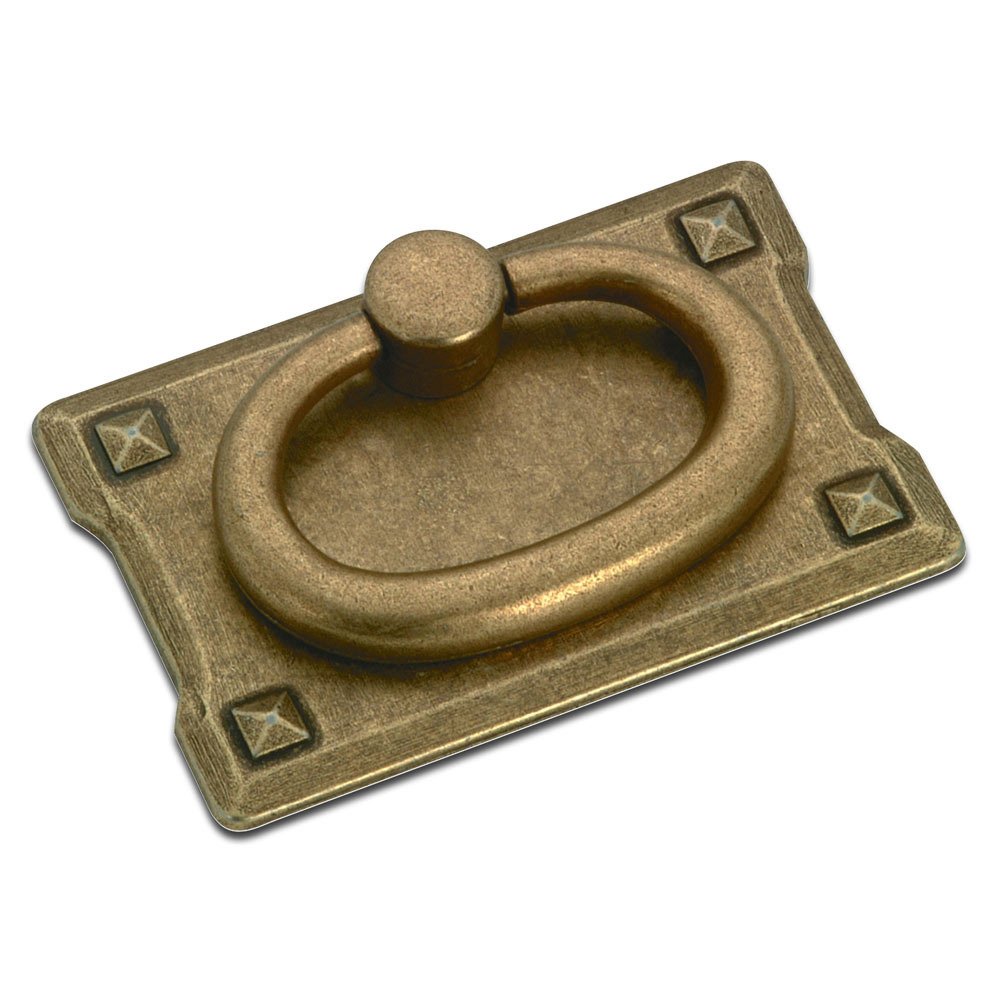 1 1/8" Centers Mission Style Ring Pull with Backplate in Burnished Brass