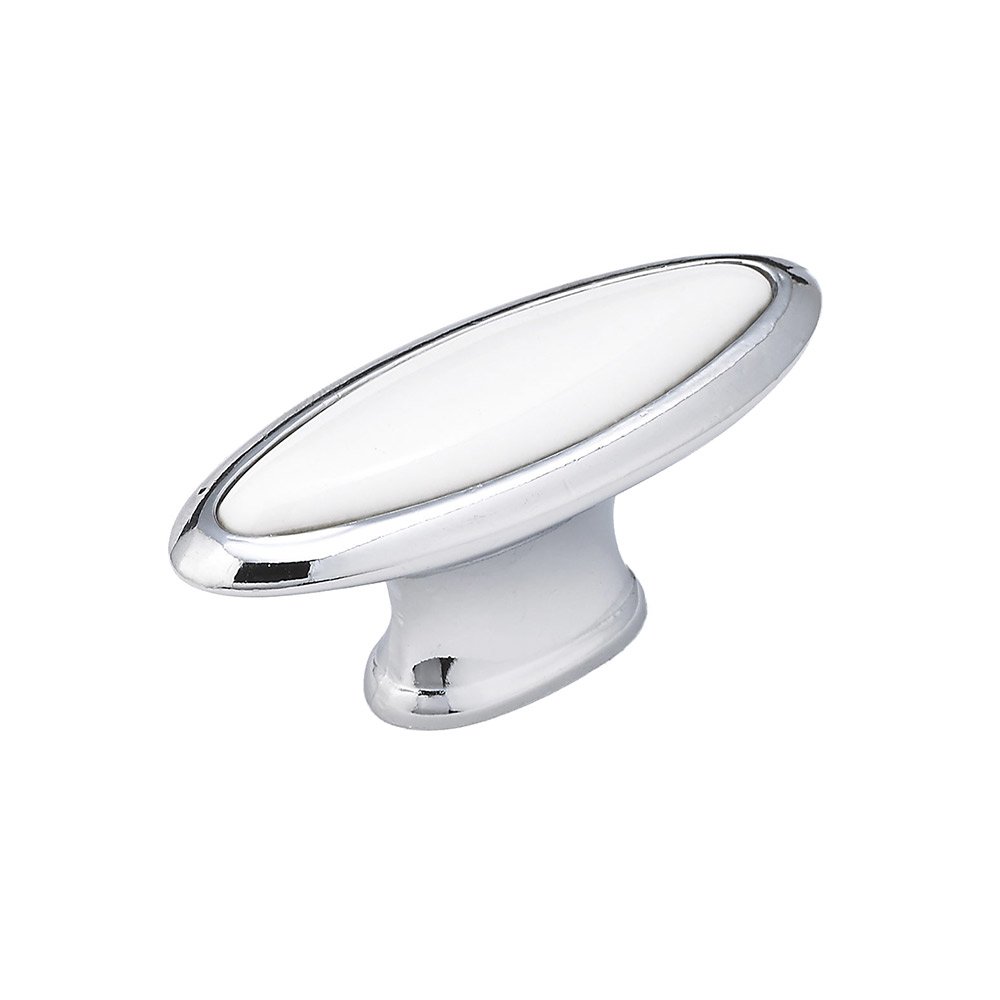 2 3/8" Long Oblong Knob with Ceramic Inlay in Chrome and White