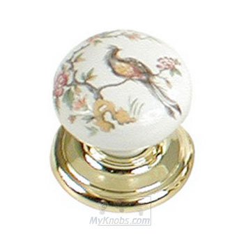 1 1/2" Diameter Porcelain Cabinet Knob in Brass And White with Bird Design