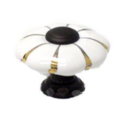 1 1/4" White Flowery Porcelain Knob with Lines and Oil Rubbed Bronze Tip