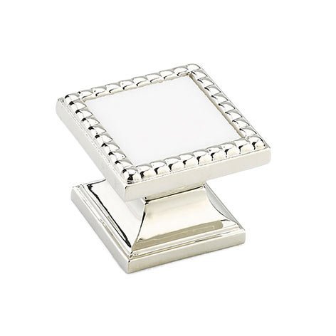 1 1/4" Square Knob in Polished Nickel with Classic White Glass Inlay