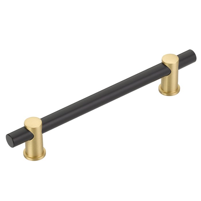 6" Centers Bar Pull in Matte Black Bar and Satin Brass Stems