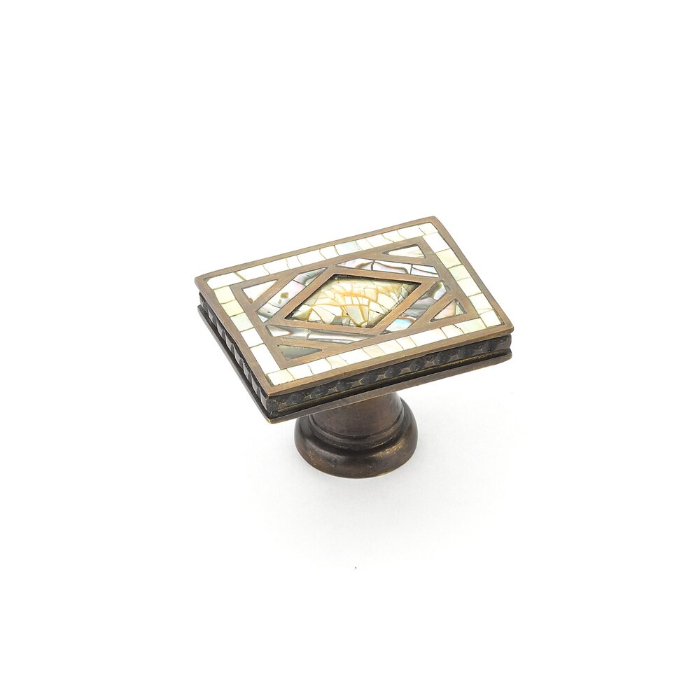 Solid Brass Rectangle Knob in Aged Dover With Imperial Shell And Yellow Mother Of Pearl