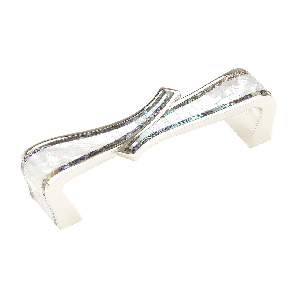 Solid Brass 4" Centers Folded Pull in Polished Nickel with Imperial Shell and Mother of Pearl